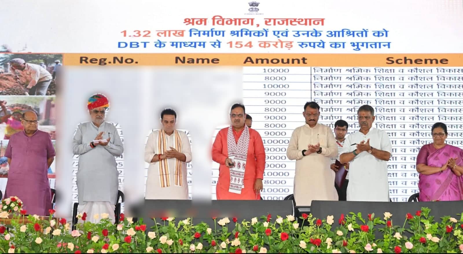 Officials stand on a stage in front of a large screen headed 'Shram Vibhag, Rajasthan' (Labour Department, Rajasthan), announcing DBT payments of ₹154 crore to 1.32 lakh construction workers and their dependants. Names on the screen are blurred.